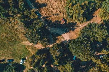 Aerial drone view of mountain, pine forest, river and village, Carpathian, Ukraine.