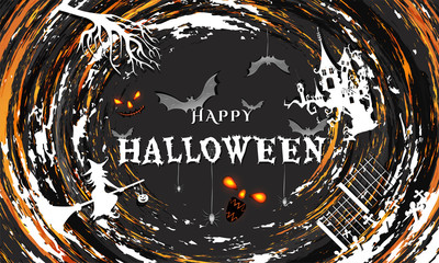 Creative poster design with scary faces, flying bats and witch on spooky background for Halloween Festival.