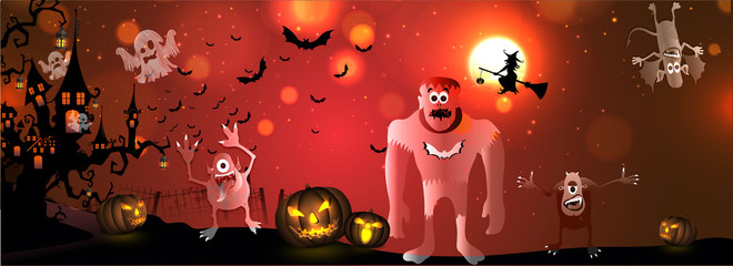 Website header or banner design with illustration of scary monsters and pumpkins on blurred background.