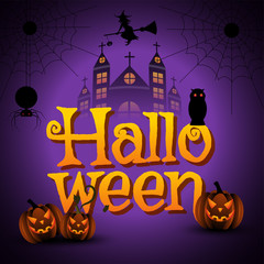 Halloween greeting card design with haunted house and scary pumpkins lanterns on glossy purple background.