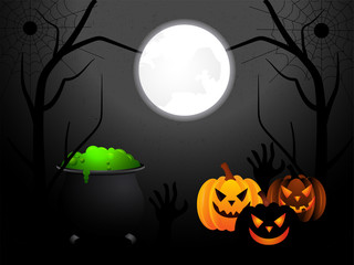 Full moon night background with illustration of scary jack-o-lanterns and magical cooking pot. Can be used as greeting card design.