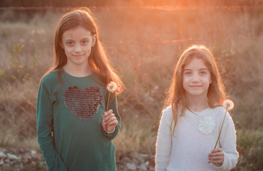 Young adorable children siblings playing outdoors, happy sisters having fun in field