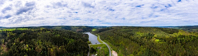 Fototapeta na wymiar Aerial view, Marbach reservoir, Erbach, Himbachel valley, Odenwald, Hesse, Germany