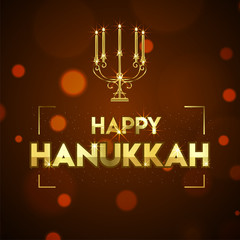 Happy Hanukkah festival greeting card design with traditional candelabra on blurred brown background.