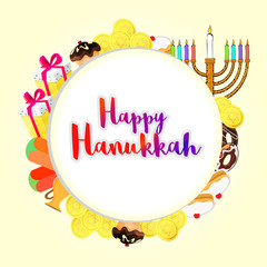 Happy Hanukkah greeting card design with gift boxes, candelabrum and food elements on yellow background.