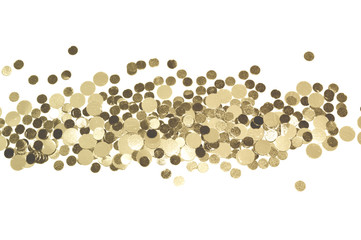 Gold glitter on white background, shiny confetti