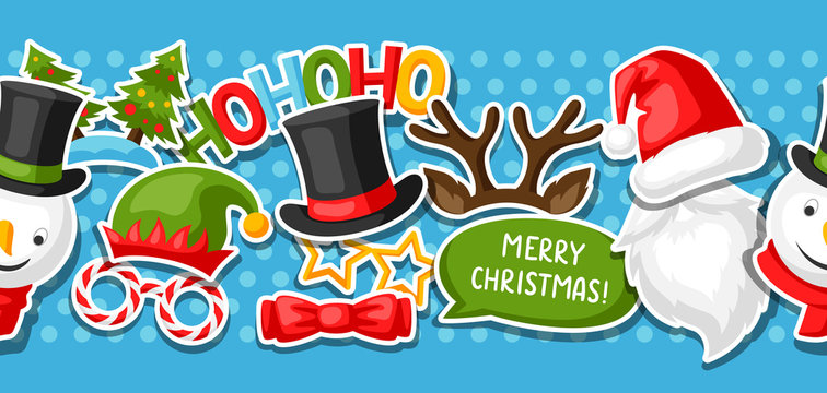 Merry Christmas seamless pattern with photo booth stickers.