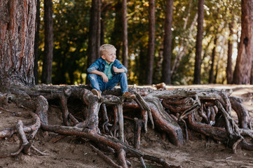 Cute baby boy sitting in summer park. Outdoor portrait.