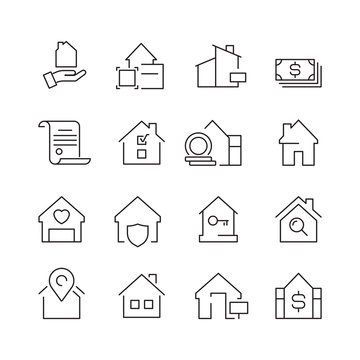 Real estate icons. Business marketing sale houses money ownership vector real estate pictures collection. Business real estate, sell and buy building illustration