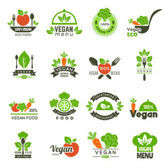 Vegan emblem. Fresh eco healthy food market vegetarian emblems green ecology vector symbols isolated. Illustration vegetarian menu logo, bio eco food
