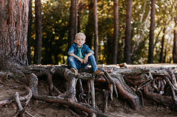 Cute baby boy sitting in summer park. Outdoor portrait.