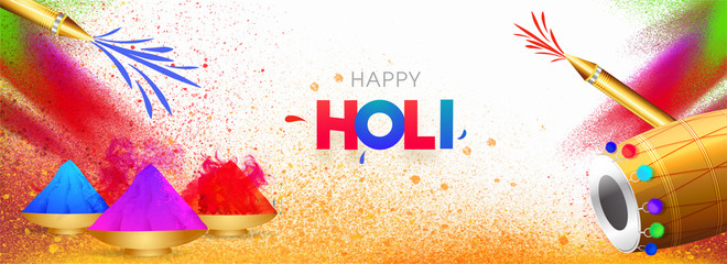 Happy Holi festival header or banner design with illustration of dhol (Drum), color bowls and color guns on abstract grunge background.