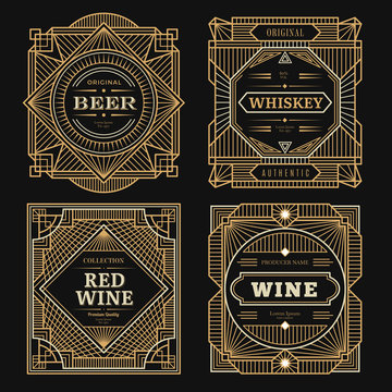 Art deco labels. Vintage alcohol labels framed brands rum tequila drinks golden borders swirl vector template. Wine alcohol badge, label logo for bottle illustration
