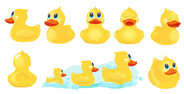 Yellow bath duck. Rubber water toys for kids shower room games with duck vector cute characters. Yellow bath duck, water animal toy illustration