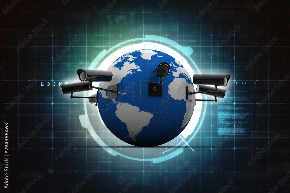 Poster 3d rendering surveillance cctv security camera connected globe