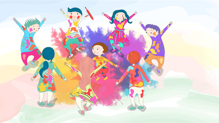 Happy kids character celebrating holi festival on color splash background.