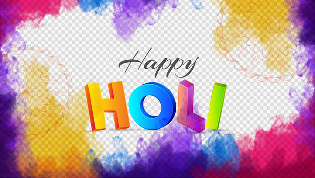 3D colorful text holi on color splash transparent background, festival celebration header or banner design.
