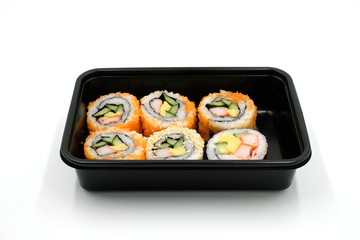 sushi in a black plastic food box on white backgorund, Japanese Food