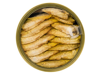 sprats in tin cans isolated on white background