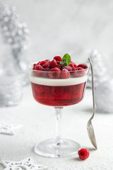 Christmas dessert with berry jelly, vanilla panna cota and fresh raspberry
