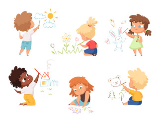 Kids drawing. Children artists educational funny cute childrens boys and girls making different pictures vector characters. Illustration child artist drawing colorful