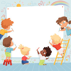 Naklejka premium Kids frame. Cute characters childrens painting drawing and playing empty place for text vector template. Kids drawing on white banner, characters preschool painter illustration