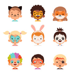 Face painting avatars. Kids happy portraits creative makeup drawings vector collection. Makeup face, cartoon girl and boy disguise in mask illustration