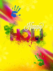 Happy Holi greeting card design with hand print and color splash on yellow background.