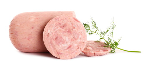 Traditional sausage salami with fresh dill isolated on white background