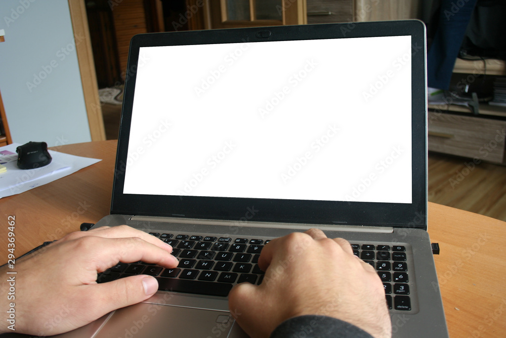 Poster workspace background new project on laptop computer with blank copy space screen for your advertisin