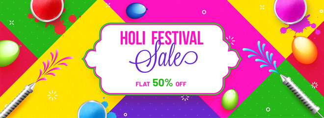 Colorful abstract background with festival elements illustration for Holi sale header or banner design.