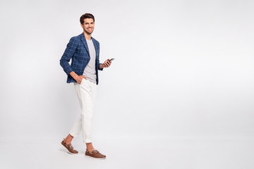 Full length body size view of nice attractive stylish trendy luxury cheerful cheery businessman...