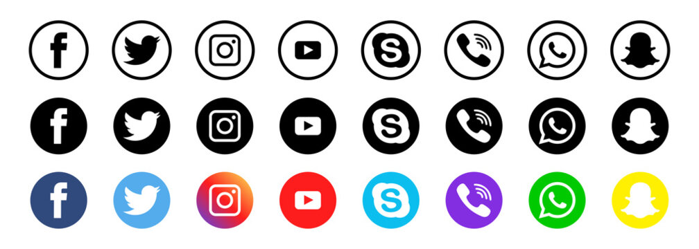 VINNYTSIA, UKRAINE - OCTOBER 7, 2019: A social media logotype collection printed on white paper : Facebook, Twitter, Youtube, Skype, WhatsApp, Viber, Snapchat and Instagram logo