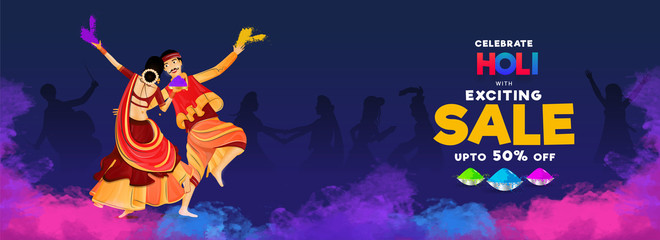 Dancing couple character on the occasion of holi celebration. Sale header or banner design for advertising concept.
