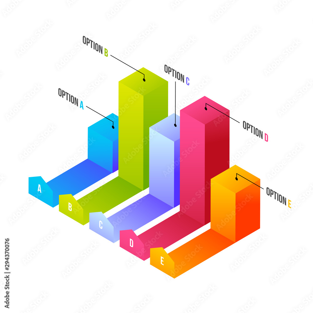 Poster 3d colorful infochart or bar graph with five different levels on white background.