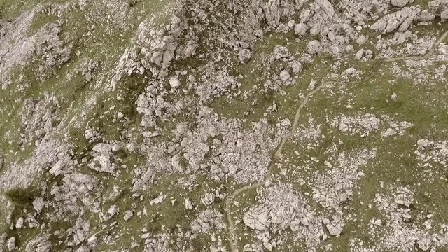 Aerial shot during beautiful excursion hiking trail "Vial de le Feide" or "Sentiero delle Pecore" Italy. UNESCO World Natural Heritage. Italian landscape Val di Fassa