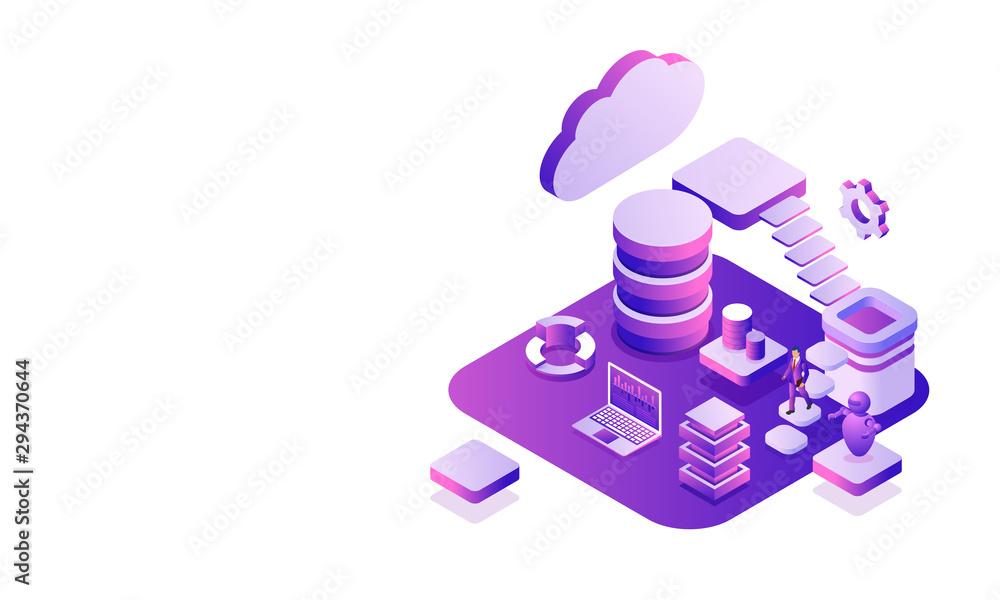Aufkleber data center platform, isometric database cloud server and laptop with other business equipments on w