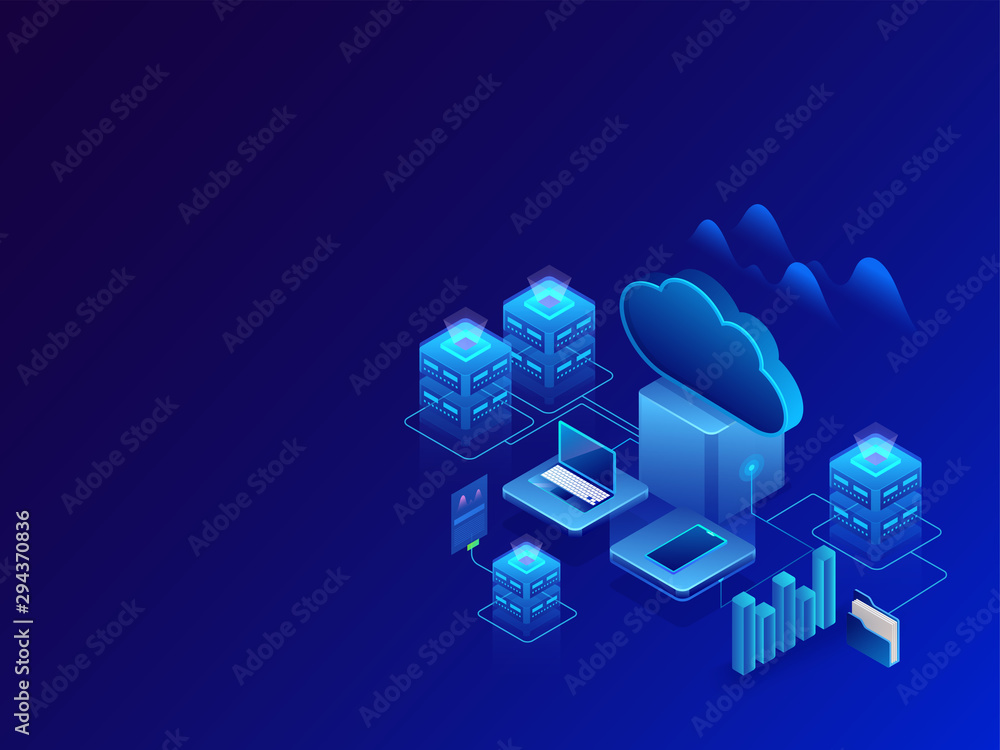 Poster 3d illustration of web servers with cloud server connected to laptop and smartphone on shiny blue ba