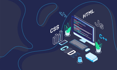 Workspace of web developer with text code on abstract blue background. Isometric design for software development. - obrazy, fototapety, plakaty