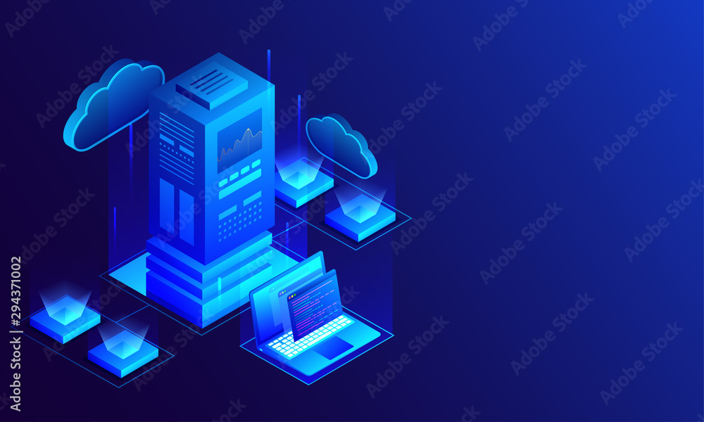 Poster 3d illustration of big data server connected with laptop and local servers on glossy blue background