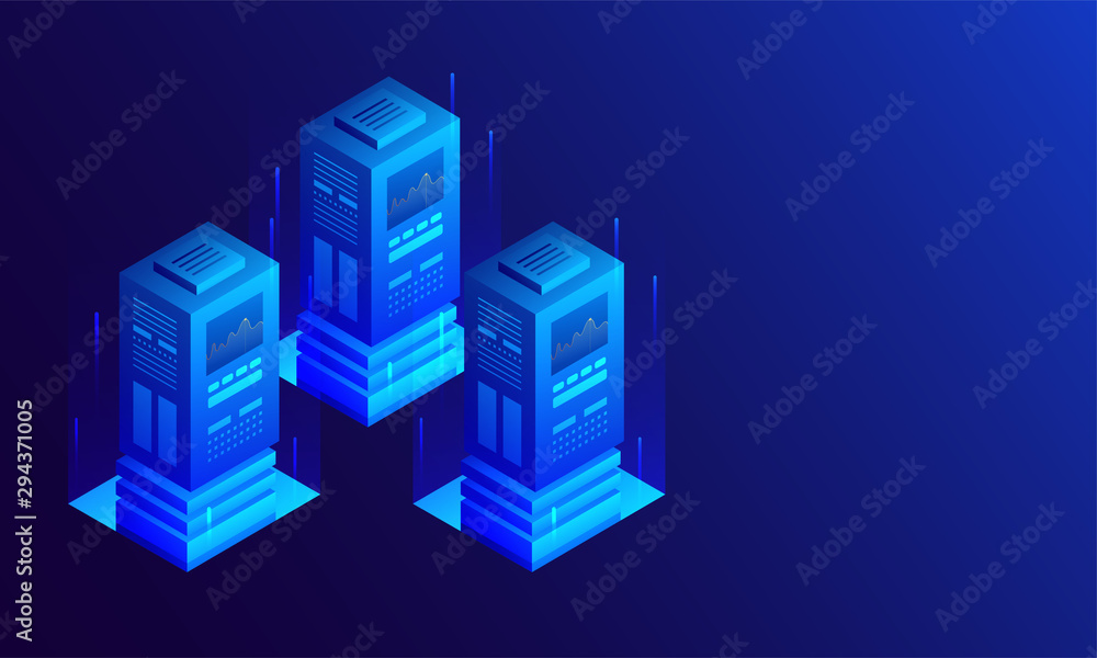 Aufkleber 3d illustration of three big data server with digital rays on glossy blue background, isometric desi