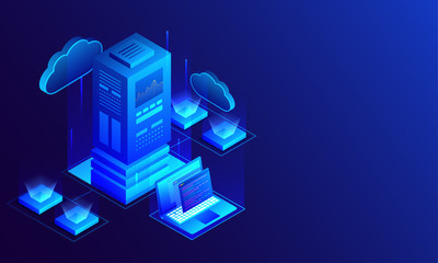 3D illustration of big data server connected with laptop and local servers on glossy blue background, Isometric design for Data Center concept.