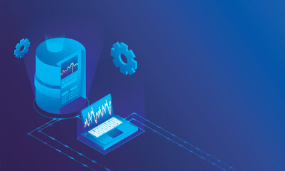 Isometric illustration of database connected with laptop on glossy blue background for Data Center concept.