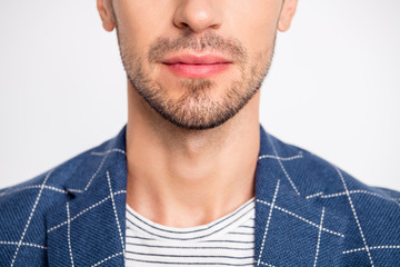 Obraz premium Close-up cropped view portrait of his he nice attractive bearded calm content well-groomed businessman wearing modern checked blazer isolated over light white pastel background