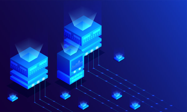 Big data server connected to multiple local servers, monitor analysis stats on glossy blue background. Isometric design for Data Center or management concept.