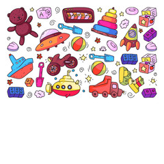 Vector pattern with kindergarten, toy children. Happy children illustration.