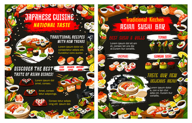Japanese sushi rolls, fish nigiri, seafood temaki
