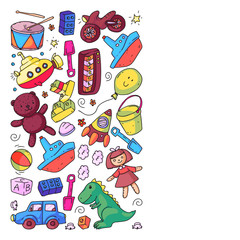 Vector pattern with kindergarten, toy children. Happy children illustration.
