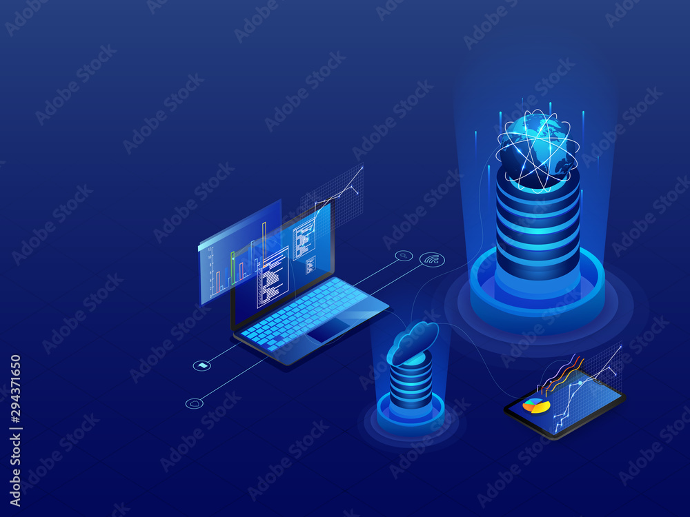 Poster data management concept with 3d illustration of laptop connected with cloud server and database on g