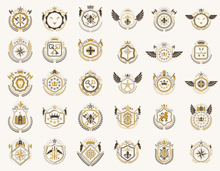 Vintage heraldic emblems vector big set, antique heraldry symbolic badges and awards collection, classic style design elements, family emblems.